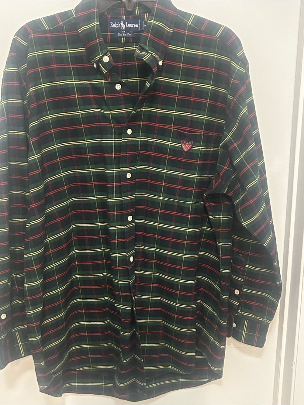 Ralph Lauren Dark Green Plaid Button-Down Shirt with Red & Yellow Stripes